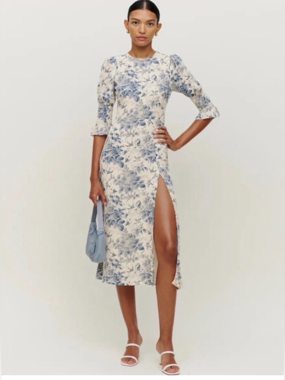 Reformation Cream Midi Dress with Blue Floral Print and High Front Side Slit